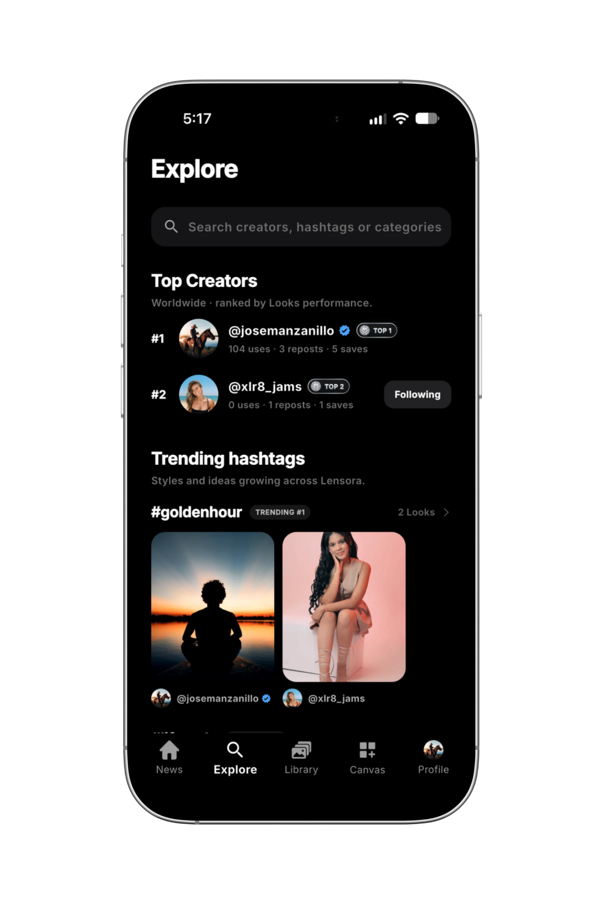 Lensora Explore with creators, hashtags and categories